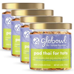 Globowl Stage 3 Baby Food & Toddler Meals, 6+ Months Early Allergen Introduction, Baby Led Weaning, International Whole Food Snacks for Toddlers, Babies, 4 oz Glass Jar, Pad Thai for Tots, 4-Pack