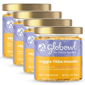 Globowl Stage 3 Baby Food & Toddler Meals, 6+ Months Early Allergen Introduction, Baby Led Weaning, International Whole Food Snacks for Toddlers, Babies, 4 oz Glass Jar, Veggie Tikka Masala, 4-Pack
