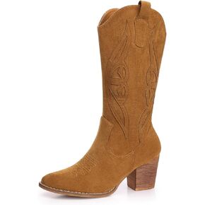 SHIBEVER Cowboy Boots for Women Mid: Black Wide Calf Cowgirl Boots Western Embroidered Country High Heel Round Toe Booties Size