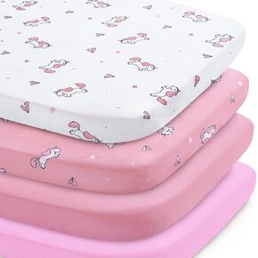 Bassinet Sheet 4 Pack for Baby Girls, Bassinet Sheets Universal Fit for Rectangle, Oval, Hourglass Bassinet Pad/Mattress, Stretchy Bassinet Sheets, Pink Print