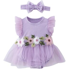 Infant Baby Girl Tutu Skirt Romper Dress Ruffle Sleeve Flower Embroidery Mesh Lace Princess Jumpsuit +Bowknot Headband