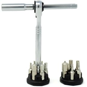 Prestacycle Pro T-Handle Ratchet Kit, Desktop/Benchtop T-Handle Ratchet Tool & 1/4 Hex Bit Set with Round Bits Holder, 60Nm Heavy-Duty & Compact Tools For Bicycle, Ratchet Set