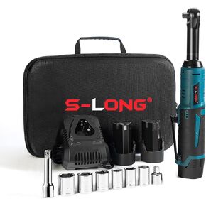 S-LONG Cordless Ratchet Wrench Set, 3/8" 400 RPM 12V Power Electric Ratchet Driver with 12 Sockets, Two 2000mAh Lithium-Ion Batteries and 60-Min Fast Charge