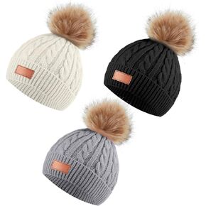 3 Pieces Kids Knitted Woolen Hat Winter Warm Pom Pom Beanie Cap Knit Hat with Detachable Pom for 1-3 Years Old Girls Boys