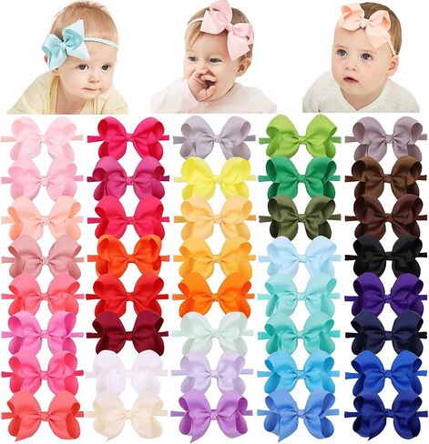 jollybows 40pcs 4inches Baby Girls Grosgrain Ribbon Hair Bows Headbands Nylon Elastic Hair Band Hair Accessories for Infants Newborn in Saudi Arabia