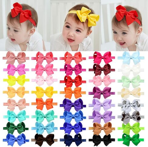jollybows 40pcs 4inches Baby Girls Grosgrain Ribbon Hair Bows Headbands Nylon Elastic Hair Band Hair Accessories for Infants Newborn in Saudi Arabia