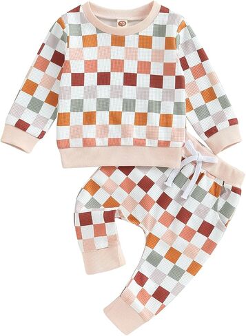Karwuiio Toddler Baby Boy Girl Clothes Checkerboard Print Long Sleeve Sweatshirt Tops and Pants Fall Clothing Set in Kuwait