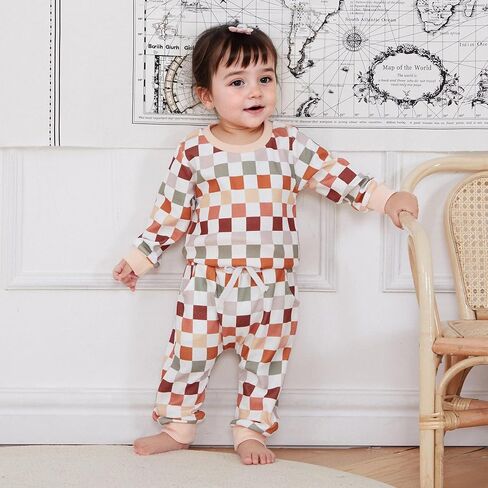 Karwuiio Toddler Baby Boy Girl Clothes Checkerboard Print Long Sleeve Sweatshirt Tops and Pants Fall Clothing Set in Kuwait