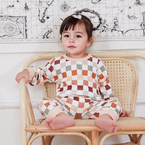Karwuiio Toddler Baby Boy Girl Clothes Checkerboard Print Long Sleeve Sweatshirt Tops and Pants Fall Clothing Set in Kuwait
