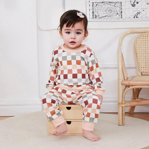 Karwuiio Toddler Baby Boy Girl Clothes Checkerboard Print Long Sleeve Sweatshirt Tops and Pants Fall Clothing Set in Kuwait