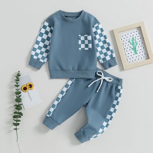 Karwuiio Toddler Baby Boy Girl Clothes Checkerboard Print Long Sleeve Sweatshirt Tops and Pants Fall Clothing Set in Kuwait