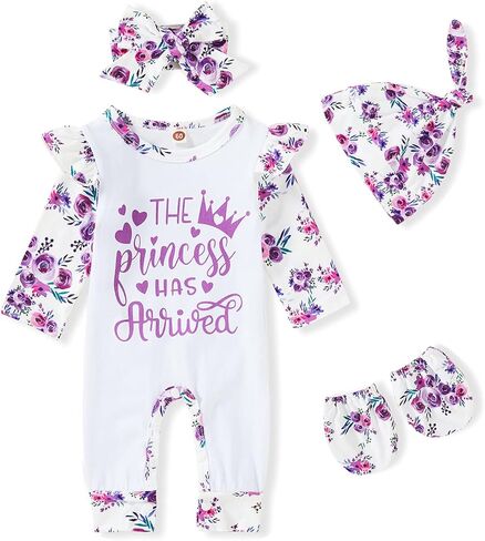 GRNSHTS Newborn Baby Girl Romper Infant Letter Print Jumpsuit Floral Bodysuit+Hat+Headband+Gloves Coming Home Clothes Outfits in Kuwait