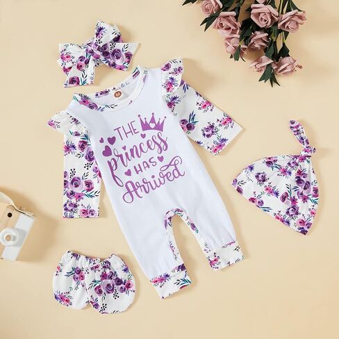 GRNSHTS Newborn Baby Girl Romper Infant Letter Print Jumpsuit Floral Bodysuit+Hat+Headband+Gloves Coming Home Clothes Outfits in Kuwait