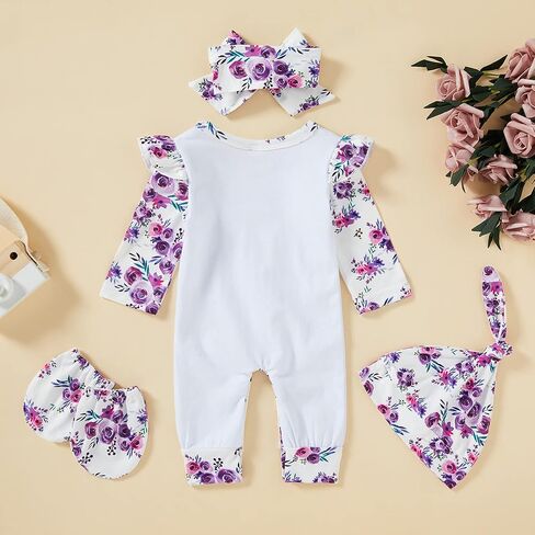 GRNSHTS Newborn Baby Girl Romper Infant Letter Print Jumpsuit Floral Bodysuit+Hat+Headband+Gloves Coming Home Clothes Outfits in Kuwait