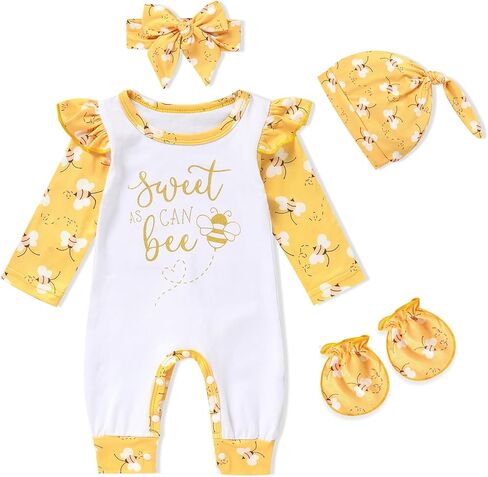GRNSHTS Newborn Baby Girl Romper Infant Letter Print Jumpsuit Floral Bodysuit+Hat+Headband+Gloves Coming Home Clothes Outfits in Kuwait