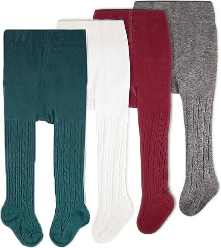 CozyWay Girls Tights Cotton Cable Knit Footed Pantyhose Baby Toddler Leggings - Pack of 4 in Saudi Arabia