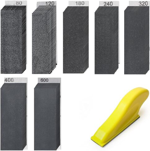 طقم صنفرة يدوية بتفاصيل 140 قطعة، ورق صنفرة صغير بإصبع صغير مقاس 3.5 بوصة × 1 بوصة، أداة سنفرة من ورق الصنفرة من كربيد السيليكون الرطب الجاف من 80 إلى 600 للمشروعات الصغيرة والمساحات الضيقة والخشب والحرف المعدنية in Kuwait