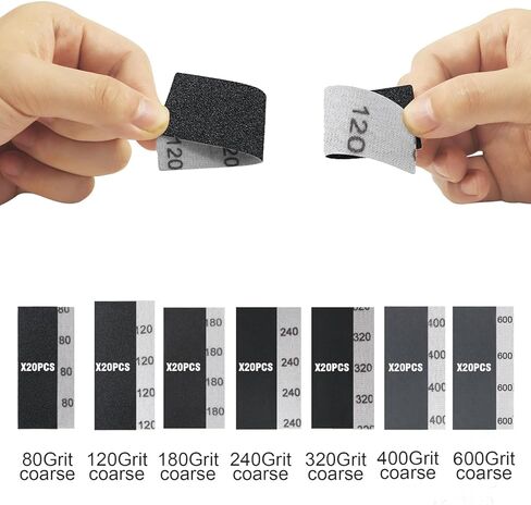 طقم صنفرة يدوية بتفاصيل 140 قطعة، ورق صنفرة صغير بإصبع صغير مقاس 3.5 بوصة × 1 بوصة، أداة سنفرة من ورق الصنفرة من كربيد السيليكون الرطب الجاف من 80 إلى 600 للمشروعات الصغيرة والمساحات الضيقة والخشب والحرف المعدنية in Kuwait