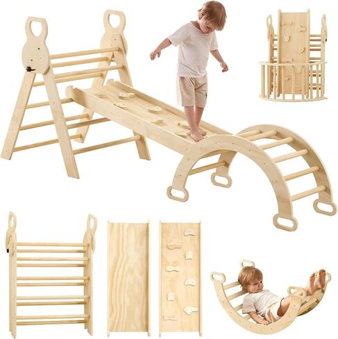 LVHERO 7 in 1 Pikler Triangle Set, Foldable Toddler Climbing Toys with Sliding Ramp & Climbing Arch Ramp, Wooden Montessori Climbing Set with Tent, Indoor Playground Jungle Gym for Kids Age 2-6 Years in Kuwait