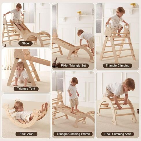 LVHERO 7 in 1 Pikler Triangle Set, Foldable Toddler Climbing Toys with Sliding Ramp & Climbing Arch Ramp, Wooden Montessori Climbing Set with Tent, Indoor Playground Jungle Gym for Kids Age 2-6 Years in Kuwait