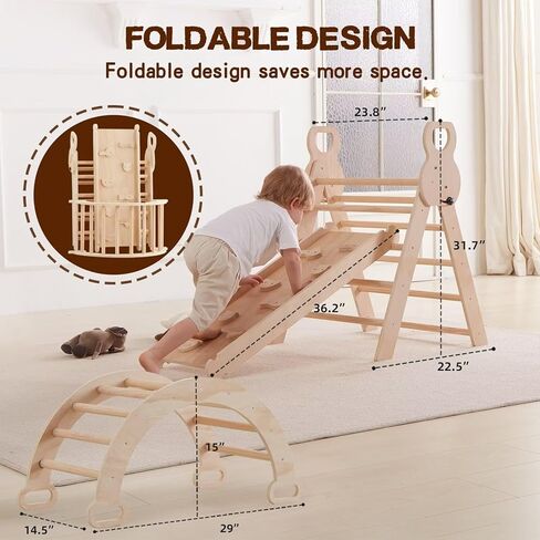 LVHERO 7 in 1 Pikler Triangle Set, Foldable Toddler Climbing Toys with Sliding Ramp & Climbing Arch Ramp, Wooden Montessori Climbing Set with Tent, Indoor Playground Jungle Gym for Kids Age 2-6 Years in Kuwait