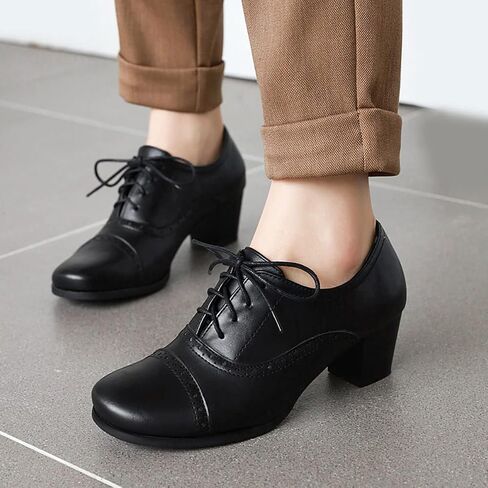 SHEMEE Women's Chunky Lace Up Vintage Oxfords Dress Pumps Round Toe Block Mid Heels Retro Brogues Shoes in Saudi Arabia