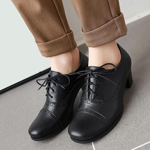 SHEMEE Women's Chunky Lace Up Vintage Oxfords Dress Pumps Round Toe Block Mid Heels Retro Brogues Shoes in Saudi Arabia