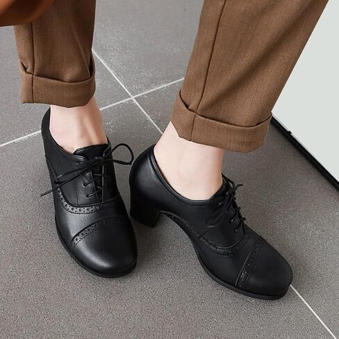 SHEMEE Women's Chunky Lace Up Vintage Oxfords Dress Pumps Round Toe Block Mid Heels Retro Brogues Shoes in Saudi Arabia