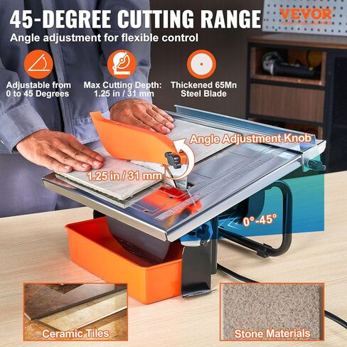 VEVOR7-inch 65Mn Steel Blade, Wet Tile Saw, 3500 RPM Induction Motor, Tile Cutter Wet Saw with Water Reservoir, 0-45 Degrees Miter Angle for Cutting Tiles and Stones, for DIY Enthusiasts in Saudi Arabia