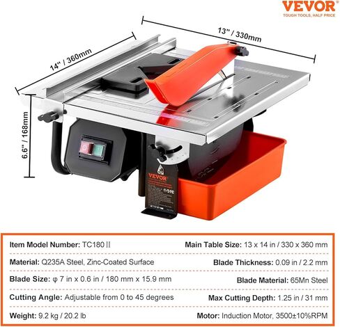 VEVOR7-inch 65Mn Steel Blade, Wet Tile Saw, 3500 RPM Induction Motor, Tile Cutter Wet Saw with Water Reservoir, 0-45 Degrees Miter Angle for Cutting Tiles and Stones, for DIY Enthusiasts in Saudi Arabia