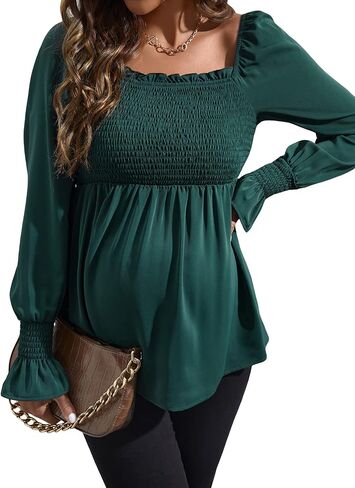 WDIRARA Women's Maternity Shirred Frill Trim Ruffle Hem Long Sleeve Casual Maternity Pregnancy Blouse Top in Saudi Arabia