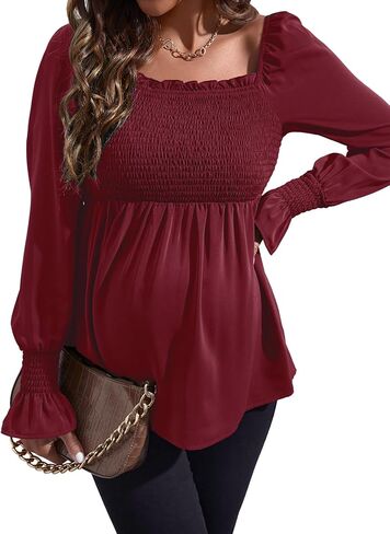 WDIRARA Women's Maternity Shirred Frill Trim Ruffle Hem Long Sleeve Casual Maternity Pregnancy Blouse Top in Saudi Arabia