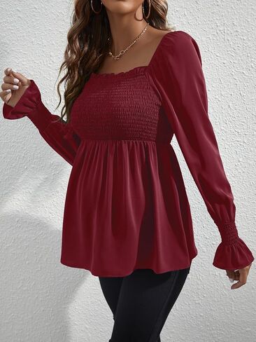 WDIRARA Women's Maternity Shirred Frill Trim Ruffle Hem Long Sleeve Casual Maternity Pregnancy Blouse Top in Saudi Arabia