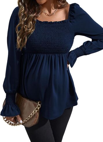 WDIRARA Women's Maternity Shirred Frill Trim Ruffle Hem Long Sleeve Casual Maternity Pregnancy Blouse Top in Saudi Arabia