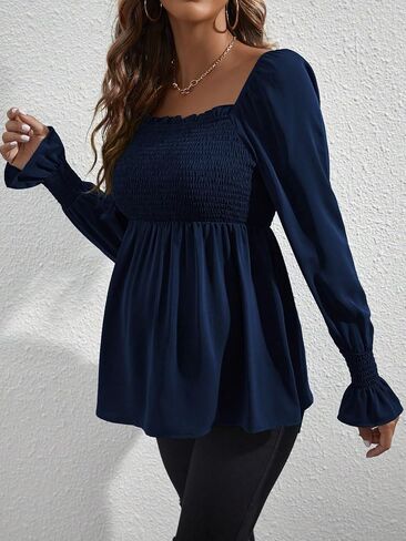 WDIRARA Women's Maternity Shirred Frill Trim Ruffle Hem Long Sleeve Casual Maternity Pregnancy Blouse Top in Saudi Arabia