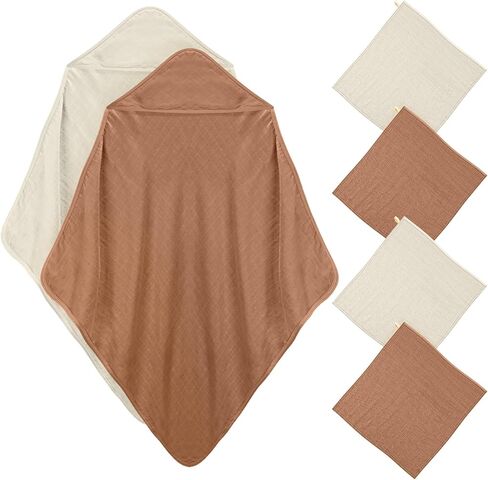 Preboun 6 Pcs Hooded Baby Towels Muslin Cotton Washcloths Set 32 x 32 Inch Soft Absorbent Baby Bath Towel with Hood 11 x 11 Inch Baby Muslin Washcloths for Newborns Infant Toddler(Grey, Coffee) in Kuwait