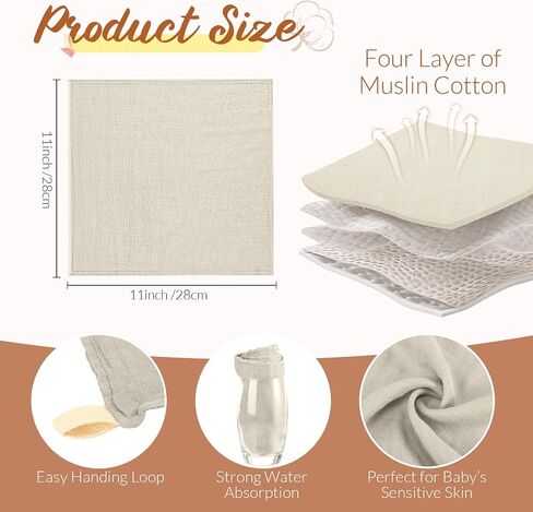 Preboun 6 Pcs Hooded Baby Towels Muslin Cotton Washcloths Set 32 x 32 Inch Soft Absorbent Baby Bath Towel with Hood 11 x 11 Inch Baby Muslin Washcloths for Newborns Infant Toddler(Grey, Coffee) in Kuwait