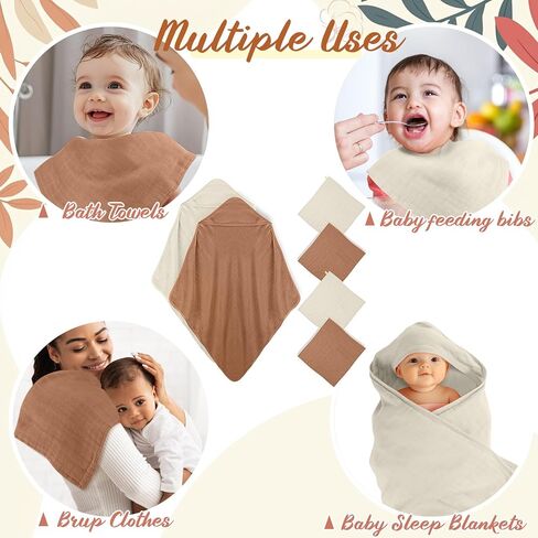 Preboun 6 Pcs Hooded Baby Towels Muslin Cotton Washcloths Set 32 x 32 Inch Soft Absorbent Baby Bath Towel with Hood 11 x 11 Inch Baby Muslin Washcloths for Newborns Infant Toddler(Grey, Coffee) in Kuwait
