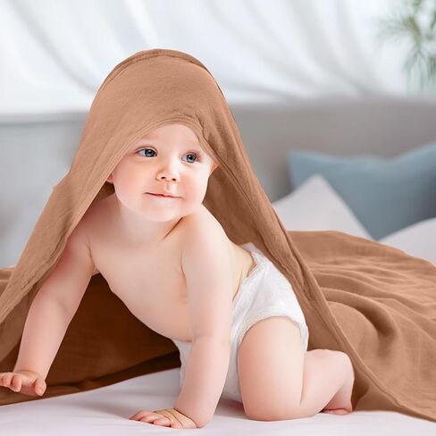 Preboun 6 Pcs Hooded Baby Towels Muslin Cotton Washcloths Set 32 x 32 Inch Soft Absorbent Baby Bath Towel with Hood 11 x 11 Inch Baby Muslin Washcloths for Newborns Infant Toddler(Grey, Coffee) in Kuwait