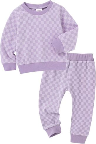 WESIDOM Toddler Baby Girl Clothes Checkered Long Sleeve Pullover Tops + Pants Toddler Girl Sweatsuit Fall Winter Outfits in Kuwait