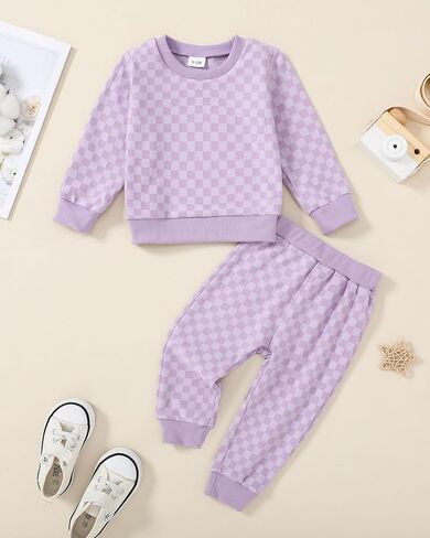 WESIDOM Toddler Baby Girl Clothes Checkered Long Sleeve Pullover Tops + Pants Toddler Girl Sweatsuit Fall Winter Outfits in Kuwait