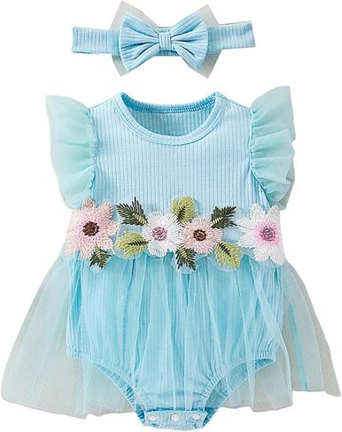 Infant Baby Girl Tutu Skirt Romper Dress Ruffle Sleeve Flower Embroidery Mesh Lace Princess Jumpsuit +Bowknot Headband in Saudi Arabia