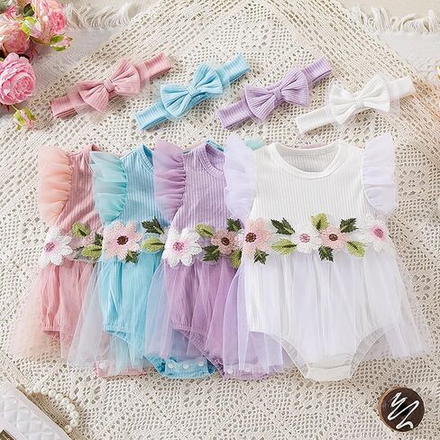 Infant Baby Girl Tutu Skirt Romper Dress Ruffle Sleeve Flower Embroidery Mesh Lace Princess Jumpsuit +Bowknot Headband in Saudi Arabia
