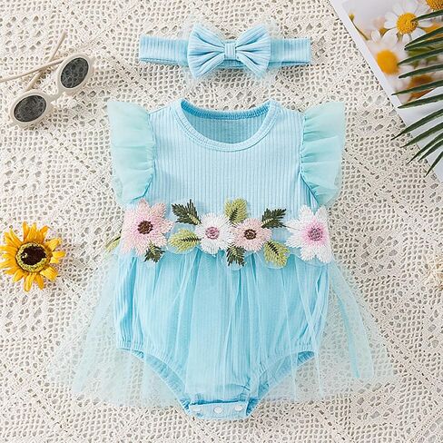 Infant Baby Girl Tutu Skirt Romper Dress Ruffle Sleeve Flower Embroidery Mesh Lace Princess Jumpsuit +Bowknot Headband in Saudi Arabia