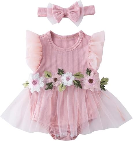 Infant Baby Girl Tutu Skirt Romper Dress Ruffle Sleeve Flower Embroidery Mesh Lace Princess Jumpsuit +Bowknot Headband in Saudi Arabia
