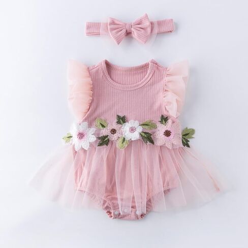 Infant Baby Girl Tutu Skirt Romper Dress Ruffle Sleeve Flower Embroidery Mesh Lace Princess Jumpsuit +Bowknot Headband in Saudi Arabia