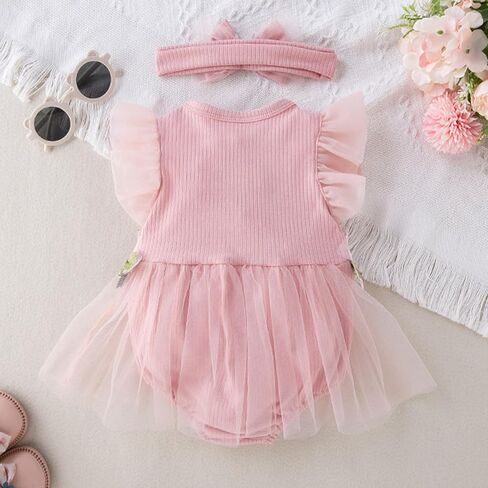 Infant Baby Girl Tutu Skirt Romper Dress Ruffle Sleeve Flower Embroidery Mesh Lace Princess Jumpsuit +Bowknot Headband in Saudi Arabia