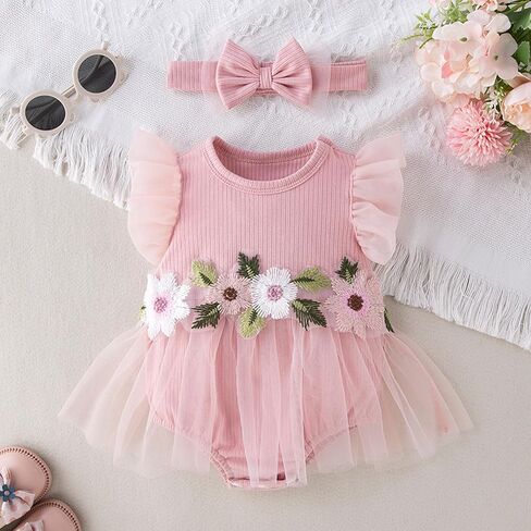 Infant Baby Girl Tutu Skirt Romper Dress Ruffle Sleeve Flower Embroidery Mesh Lace Princess Jumpsuit +Bowknot Headband in Saudi Arabia