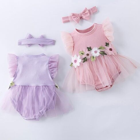 Infant Baby Girl Tutu Skirt Romper Dress Ruffle Sleeve Flower Embroidery Mesh Lace Princess Jumpsuit +Bowknot Headband in Saudi Arabia