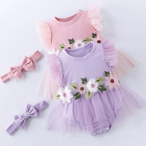Infant Baby Girl Tutu Skirt Romper Dress Ruffle Sleeve Flower Embroidery Mesh Lace Princess Jumpsuit +Bowknot Headband in Saudi Arabia